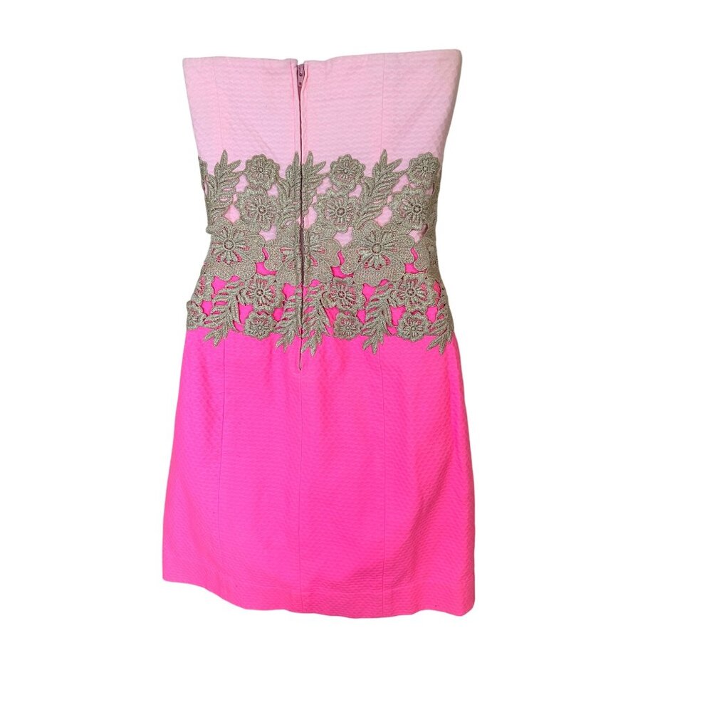 Lilly Pulitzer Kade Pink Barbie Strapless Dress With Gold Lace Accent & Back Zip - Picture 4 of 7